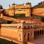**Prompt:** Majestic Amber Fort at sunset, golden sandstone architecture, intricate carvings, Rajasthan, India.