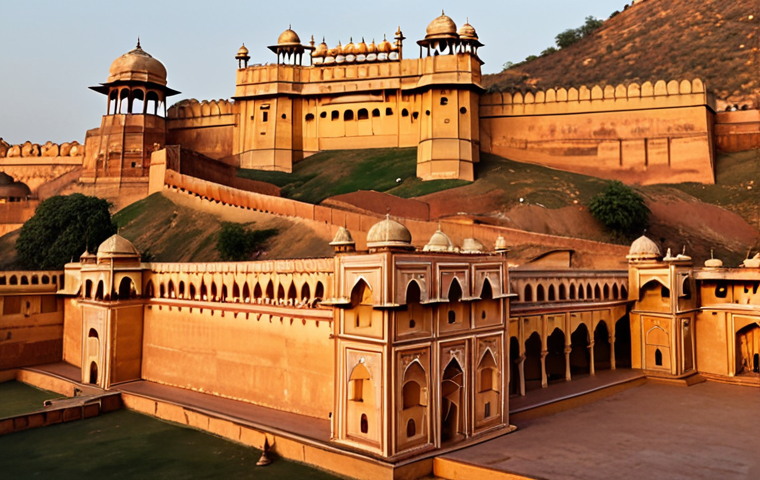 **Prompt:** Majestic Amber Fort at sunset, golden sandstone architecture, intricate carvings, Rajasthan, India.