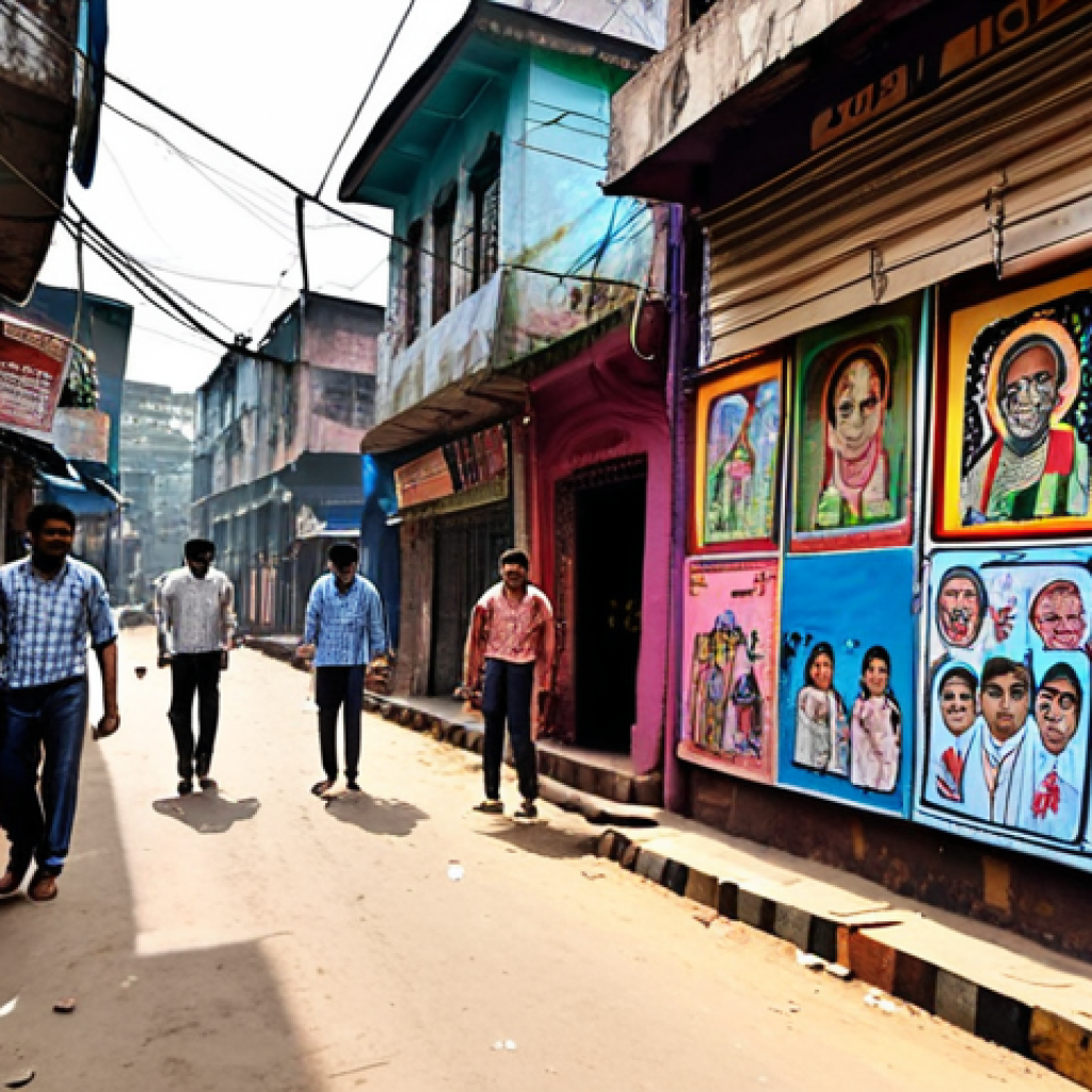 **Prompt:** A vibrant street scene in Kolkata's Sudder Street, showcasing colorful graffiti art on the walls, with people strolling by and local shops in the background. Focus on the expressive and politically charged nature of the art.