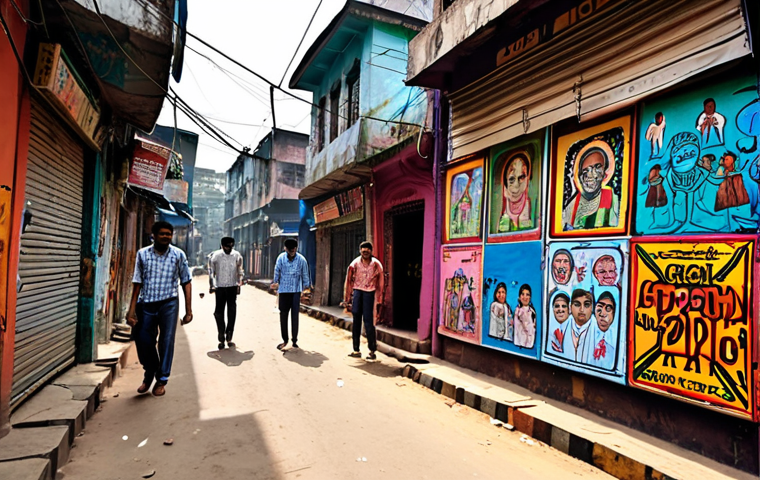 **Prompt:** A vibrant street scene in Kolkata's Sudder Street, showcasing colorful graffiti art on the walls, with people strolling by and local shops in the background. Focus on the expressive and politically charged nature of the art.